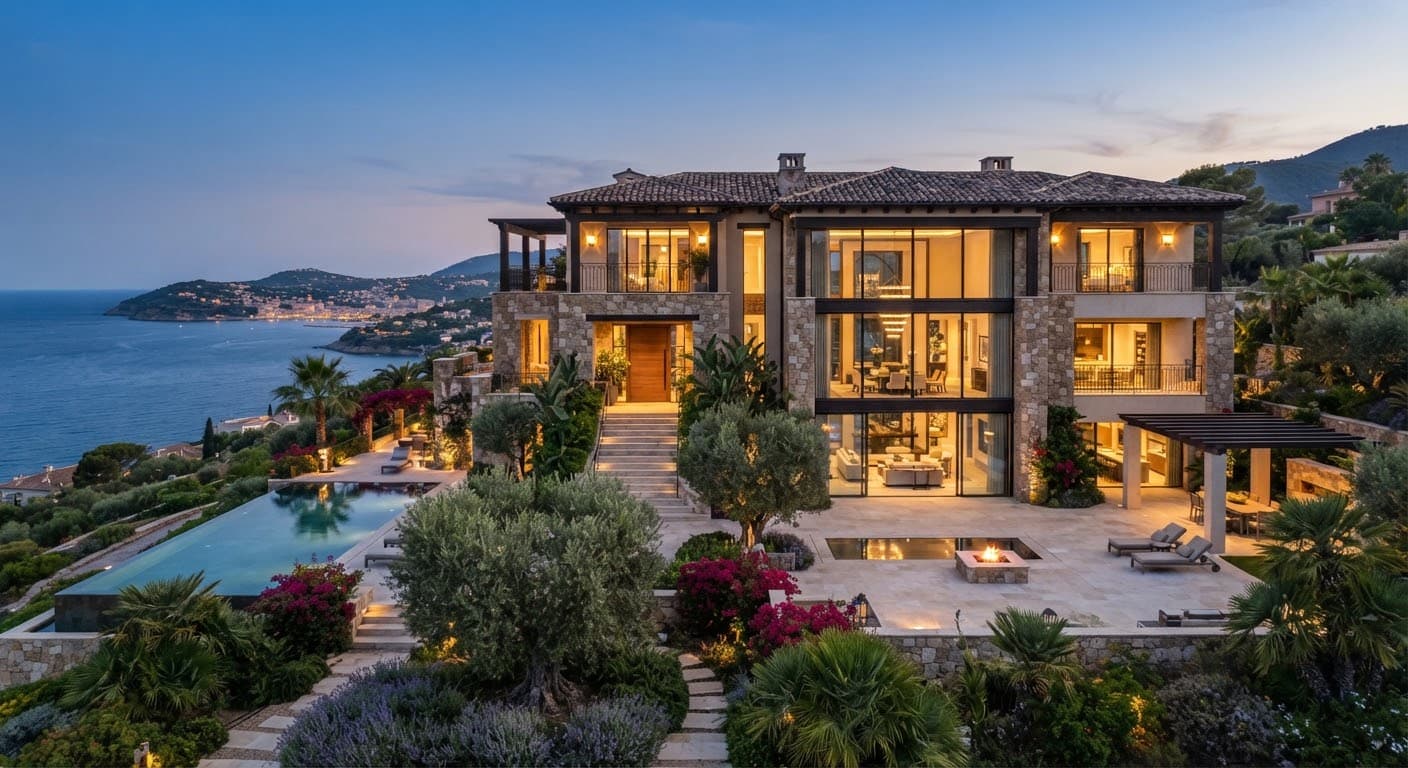 Villa de lujo con piscina al atardecer